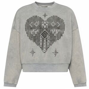 One Teaspoon Studded Heart Cropped Sweatshirt Grey Marl Medium EUC